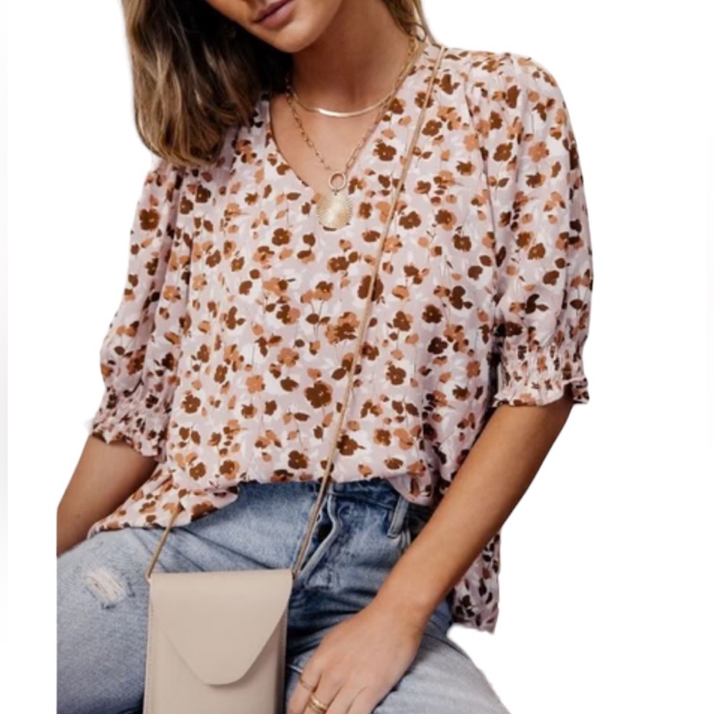 bohme Blush Floral V-Neck Puff Sleeve Top